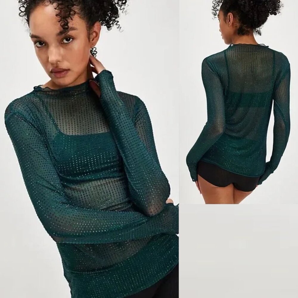 NWT New $98 Free People Dance All Night Long Sleeve Green Top Size S